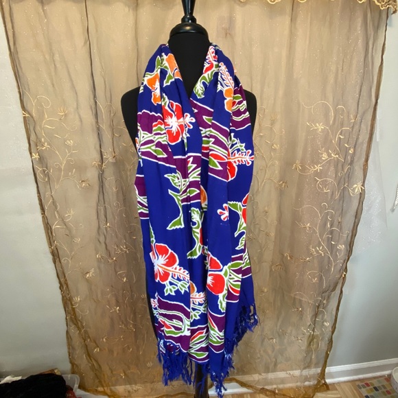 Imported Blue Long Hawaiian Floral Scarf - Picture 3 of 5